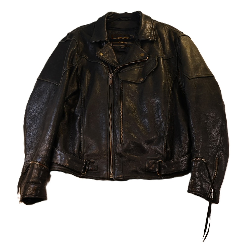 Unik Ultra Mens 46 Leather Lined Motorcycle Jacket Black Biker Zip Braided